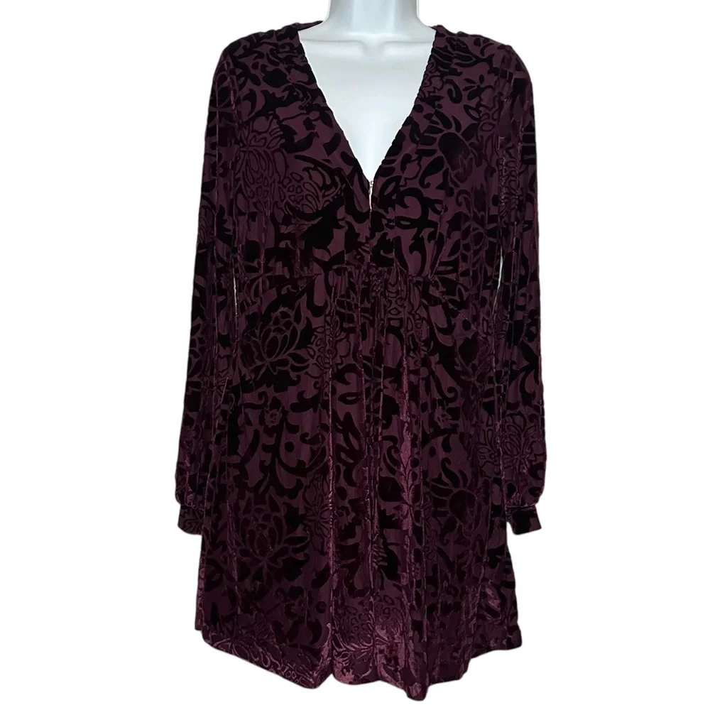 Free People Women’s Deep Purple All Night Long Velvet Burnout Mini Dress-Size XS